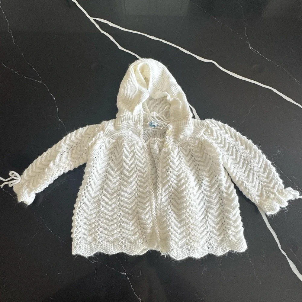 Vintage‎ White Knit Baby Cardigan with Hood